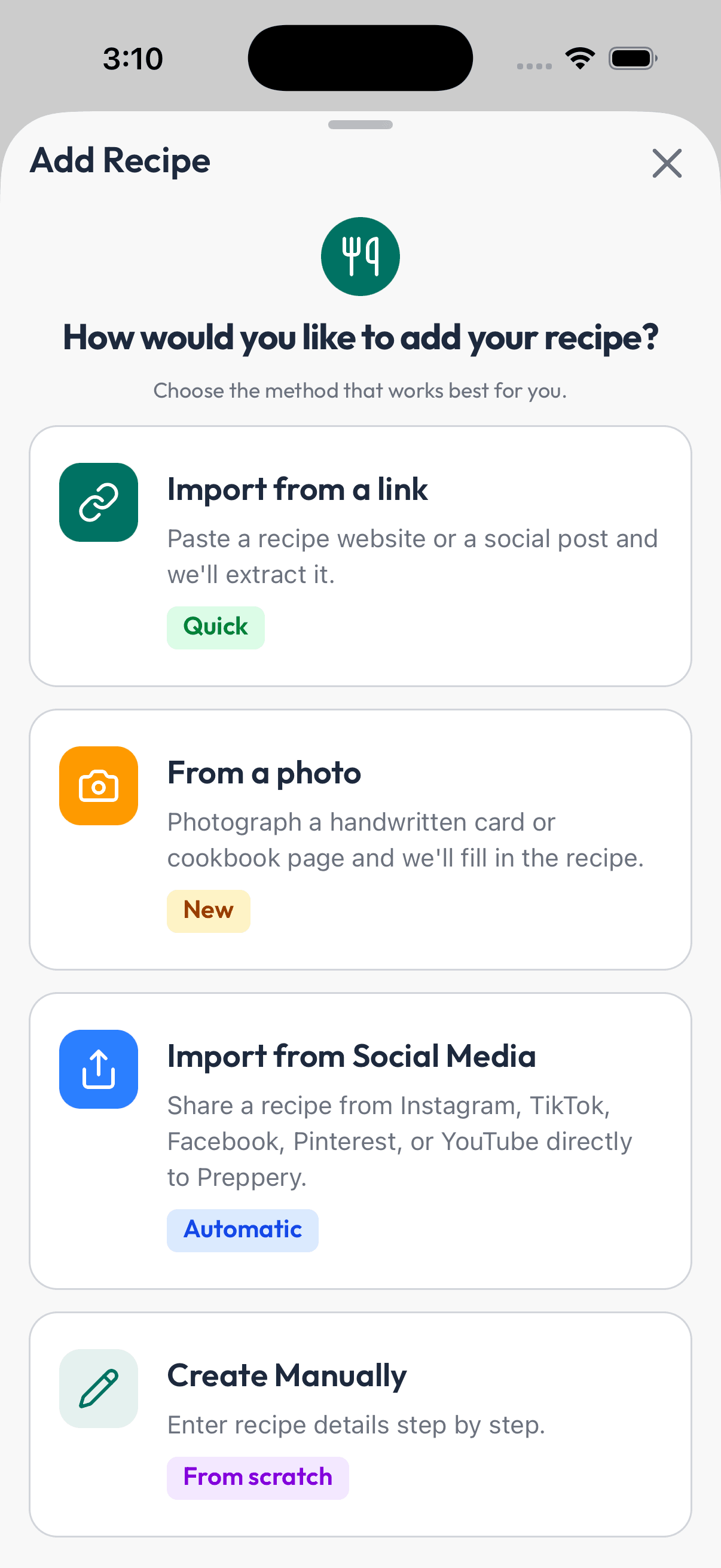 Add a recipe from a link, social post, or photo in Preppery