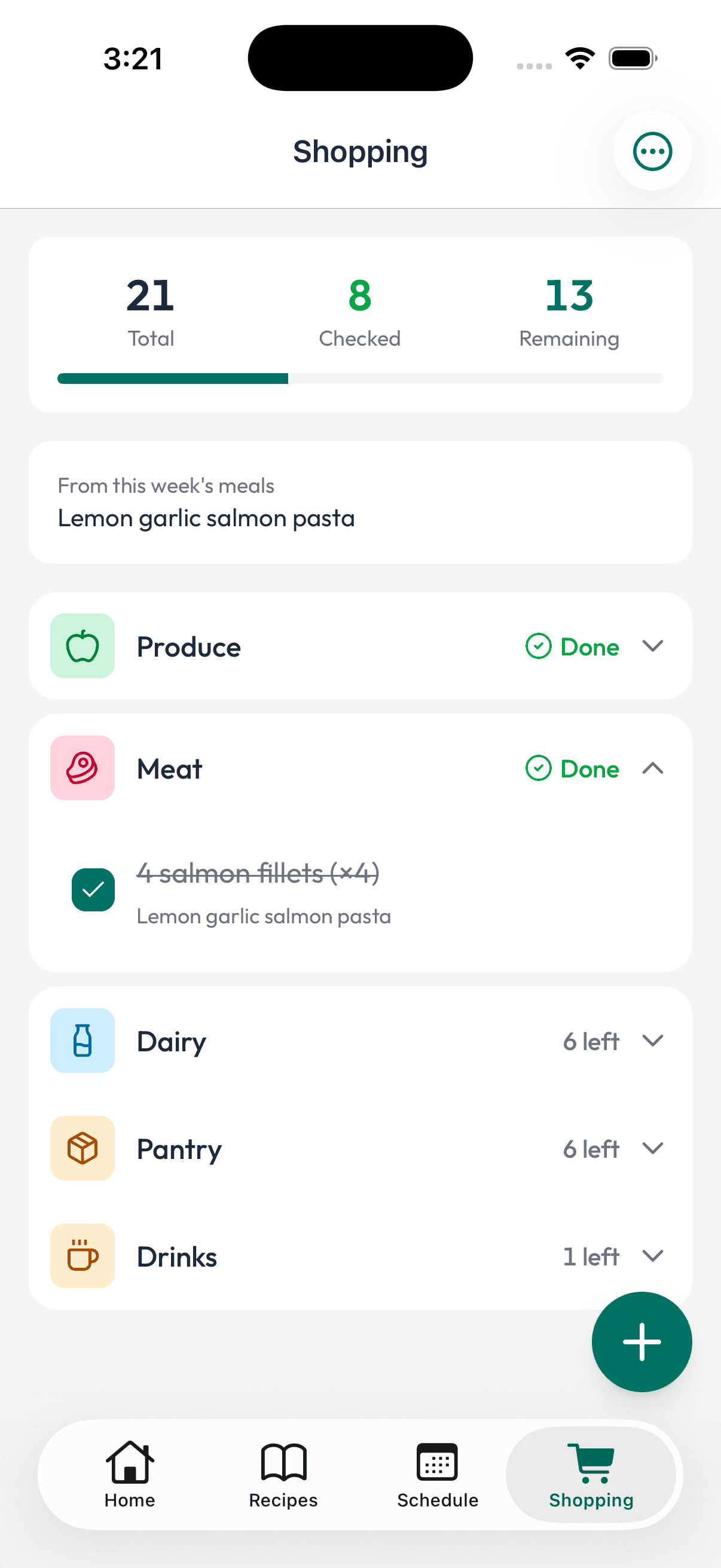 Shared grocery list sorted by category in Preppery